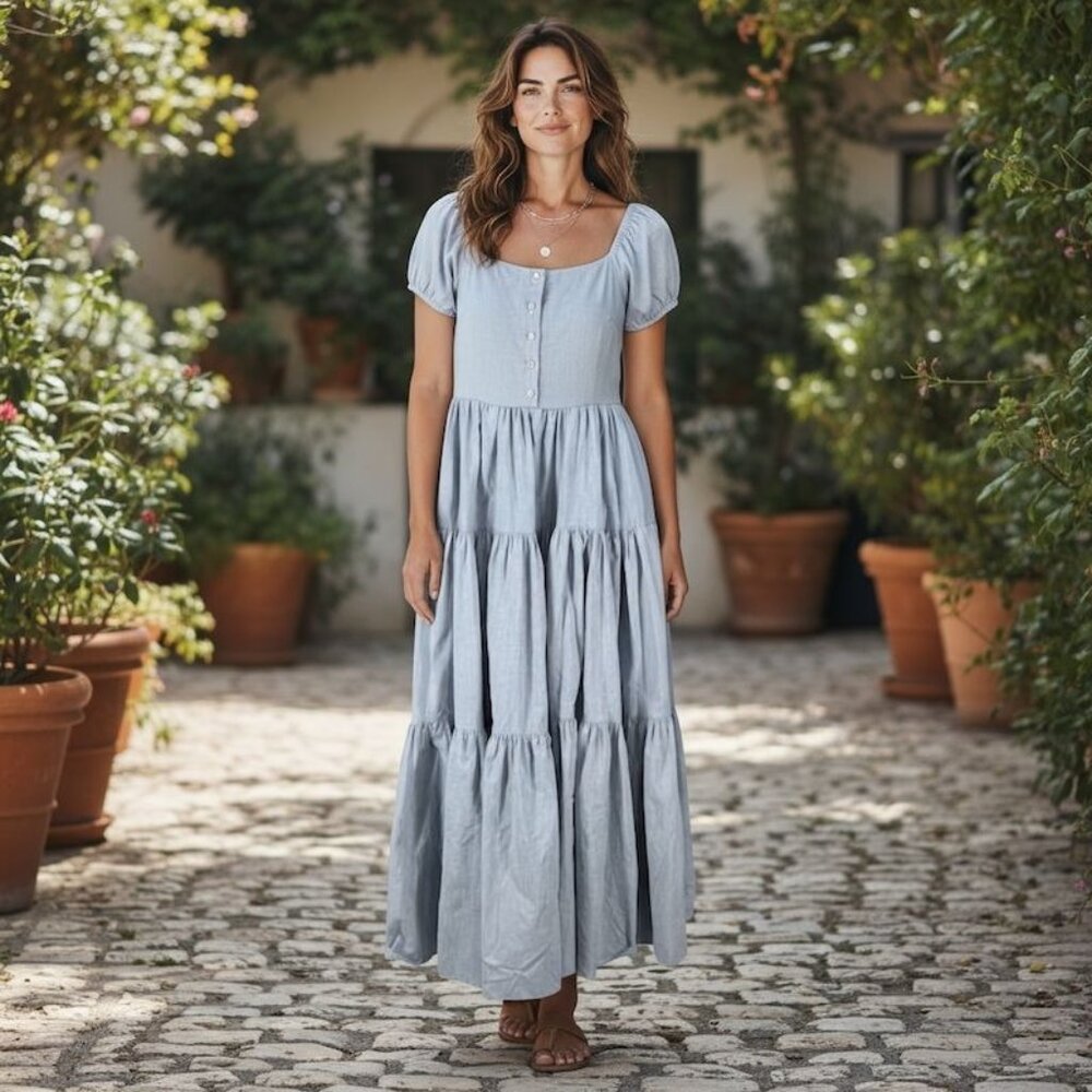 Vintage Blue Womens Peasant Dress 9/10 Denim Tiered Boho Cap Sleeve Maxi As Is